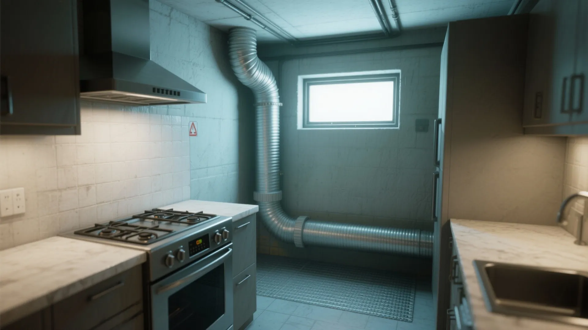 Ducted range hood and moisture-resistant flooring illustrating safe ventilation and durable materials in a basement kitchen