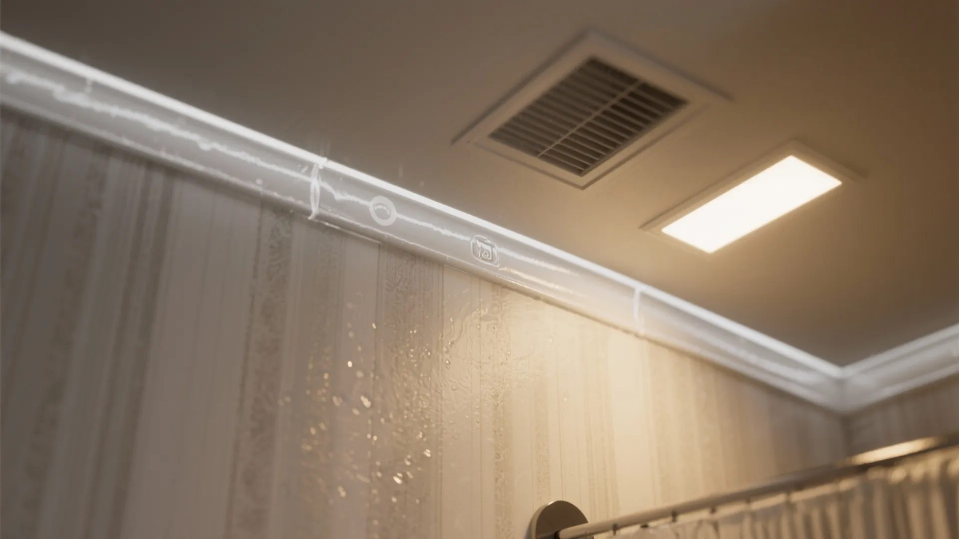 Close-up detail of a sealed wallpaper edge and bathroom exhaust vent for moisture protection.