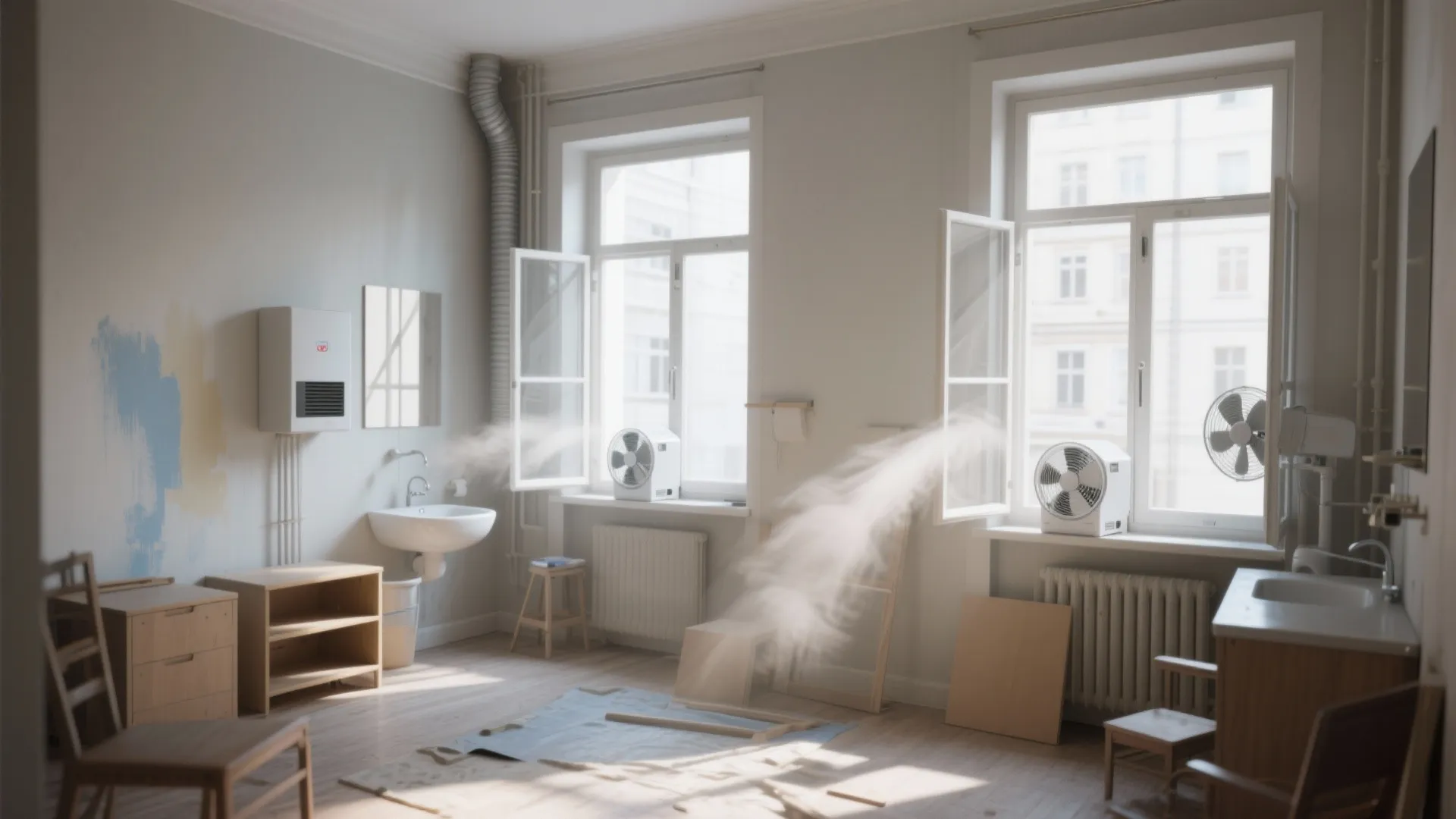 Room with open windows and electric fans blowing air out for ventilation during home renovation