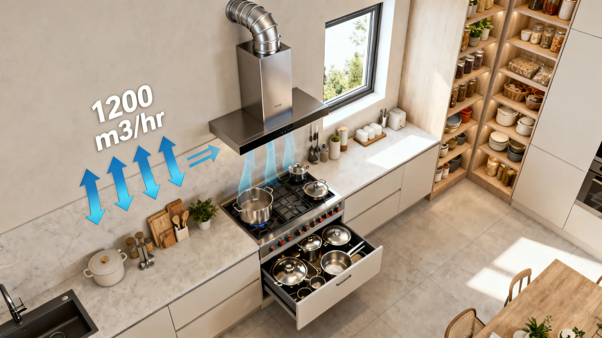 Top-down schematic showing chimney exhaust to duct, window make-up air, and drawer zones.
