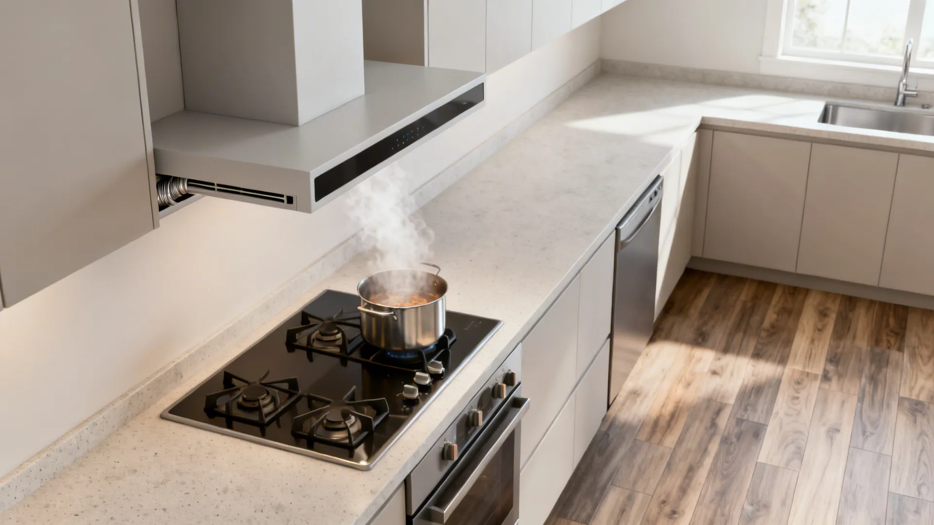 Kitchen with a sleek ducted range hood, matte quartz counters, and wood-look LVP flooring.