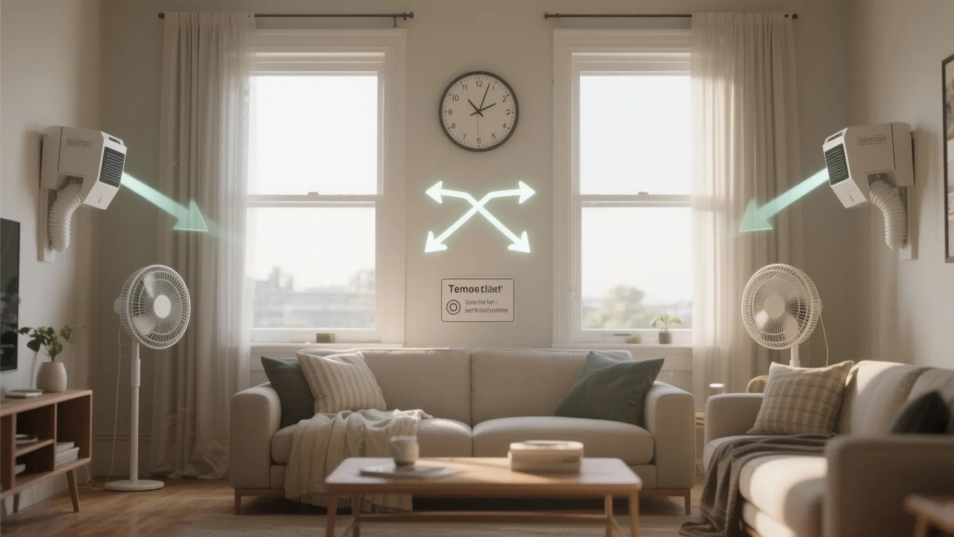 Bright living room with sofa white electric fans air units windows and air flow arrows