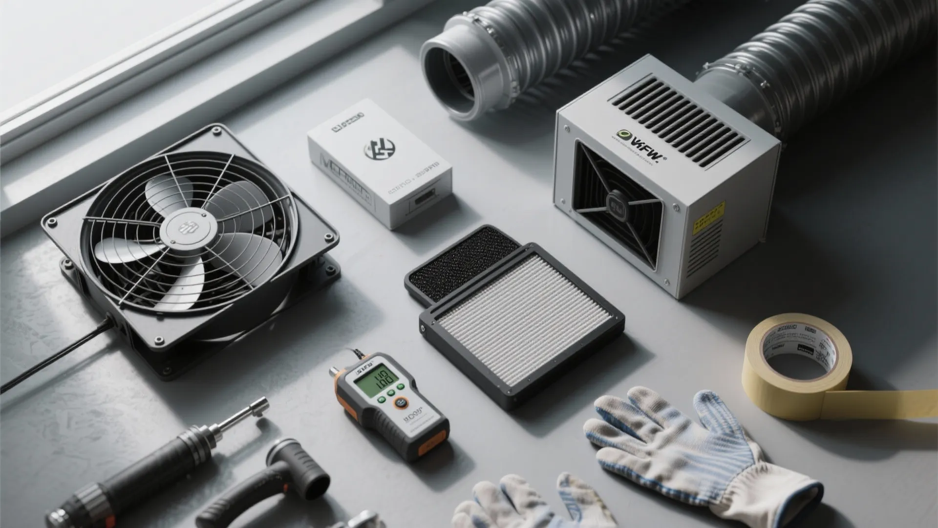 Collection of home air quality tools including a fan air filter gloves and measuring device