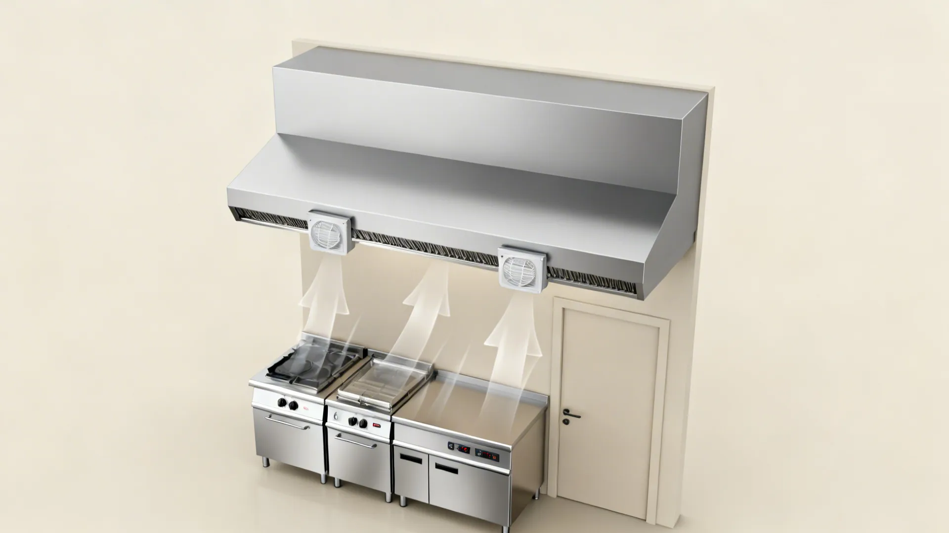 Top-down view of a compact cook line with hood capture and make-up air flows indicated.