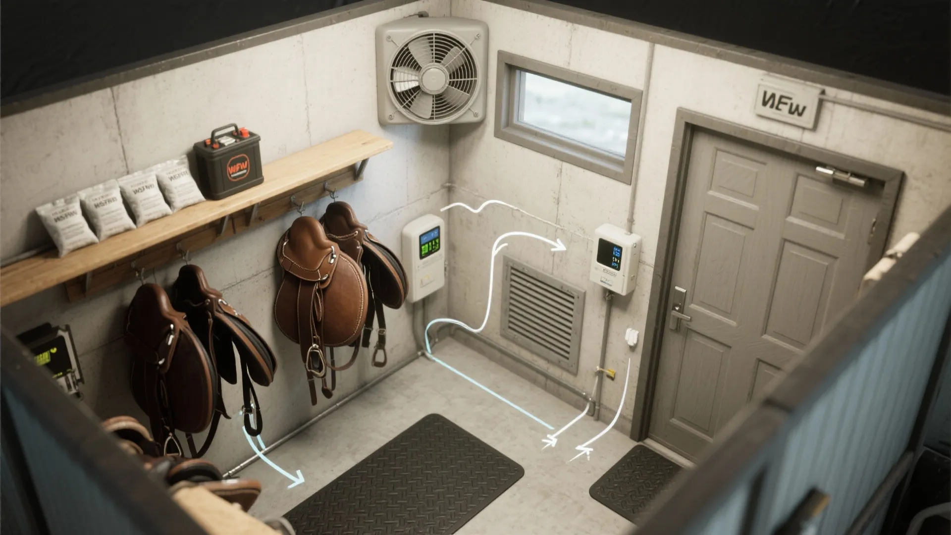 Interior design drawing showing air flow arrows in a small storage room with a wall fan