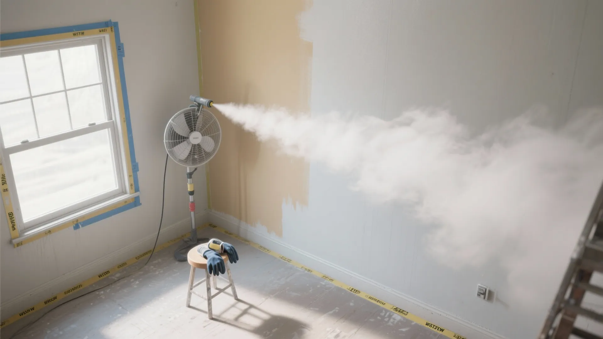 Top-down view of a wall being sprayed with a window fan directing ventilation out and room sectioned for work.