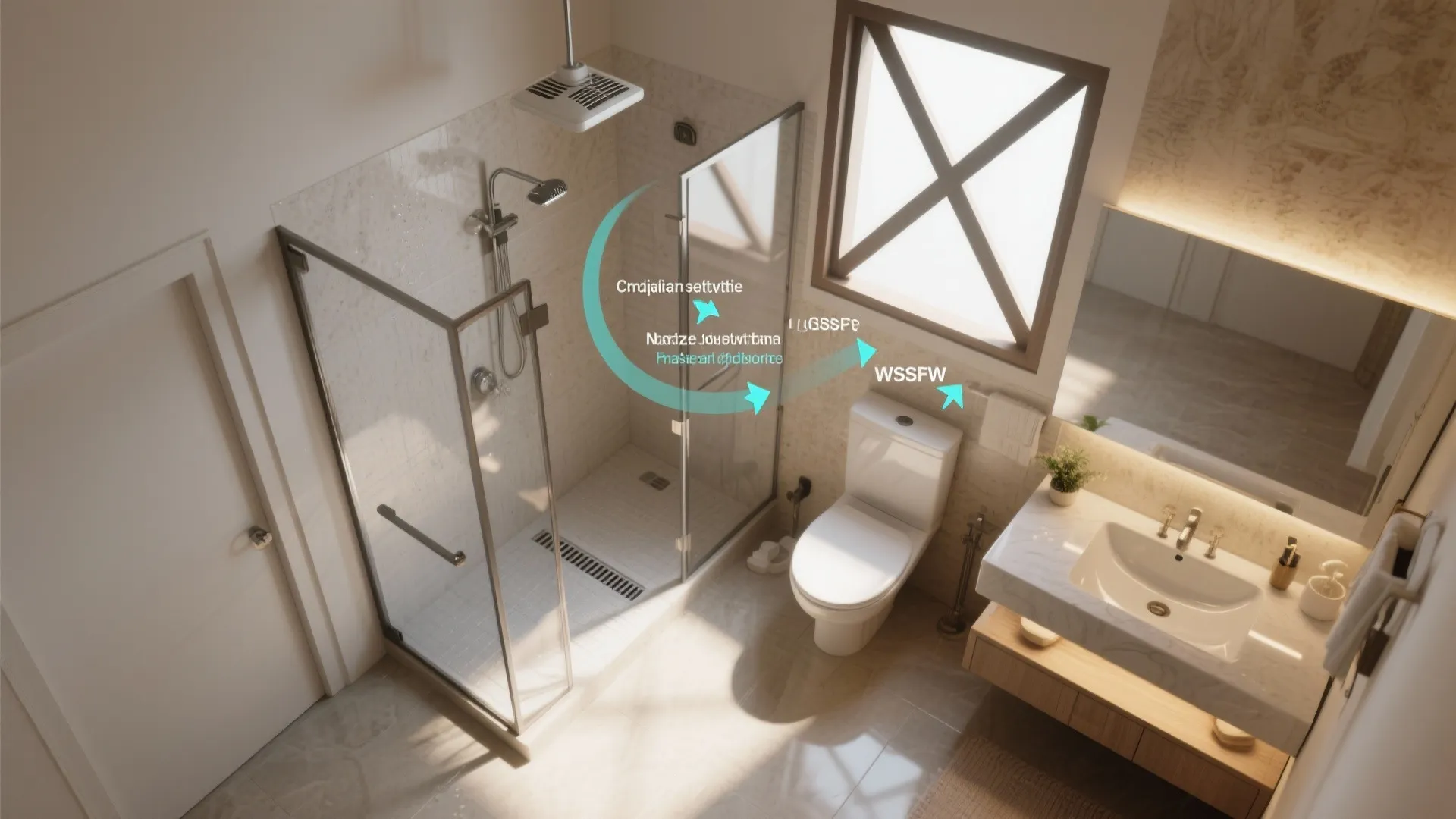 Top-down layout showing window and exhaust fan placement for cross-ventilation in a small bathroom.