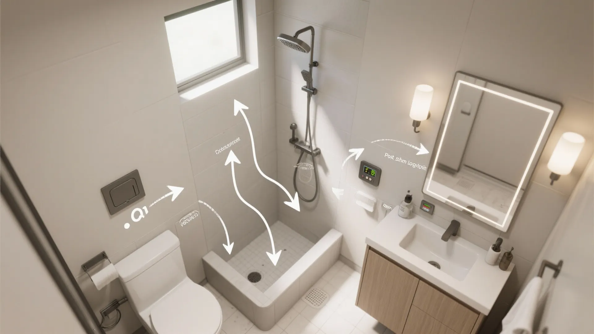 Top view bathroom layout showing white toilet shower area and sink with air flow arrows