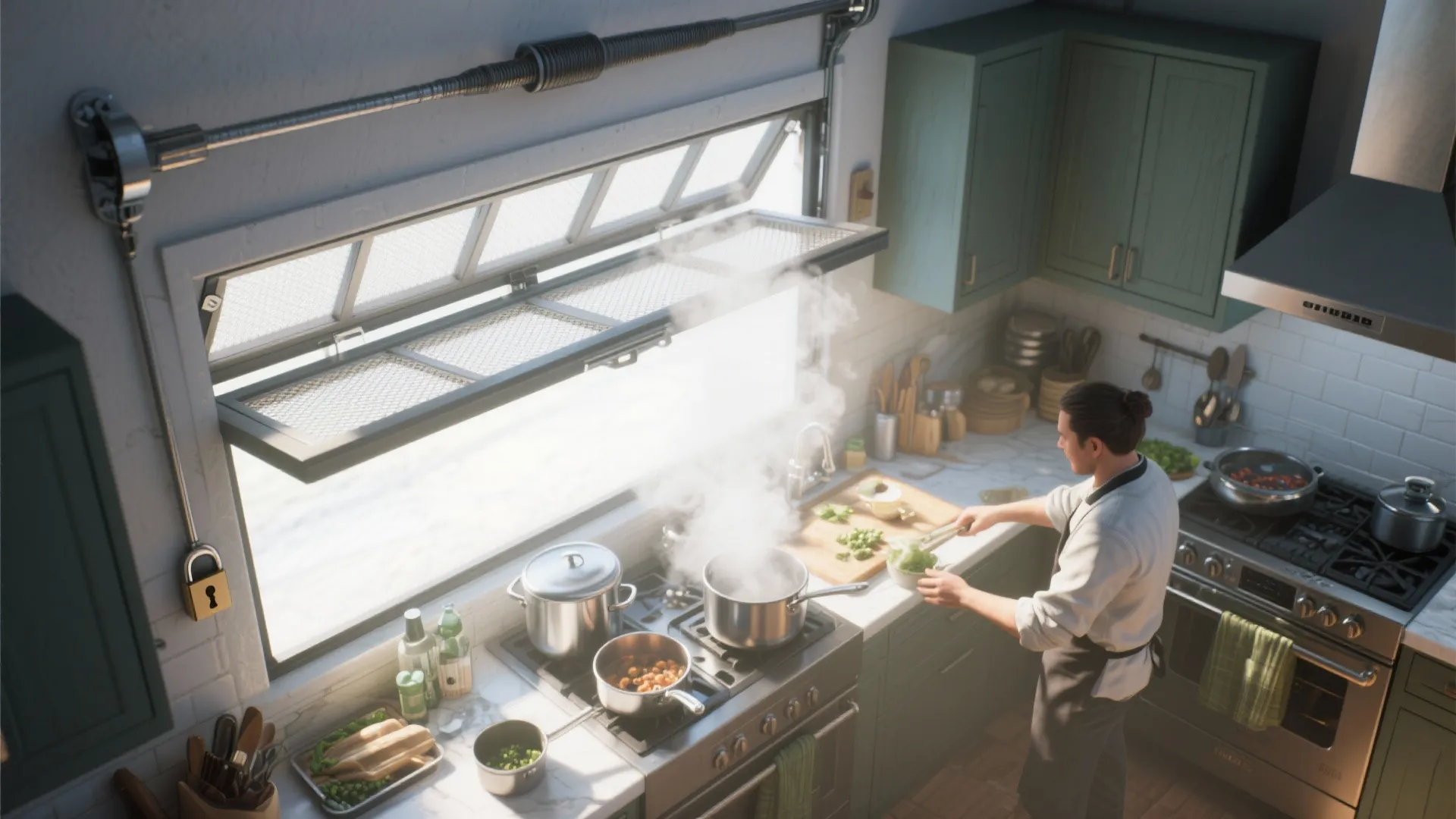 Top-down view of a kitchen with a wide-open garage-style window letting steam and heat escape, showing an insect screen.