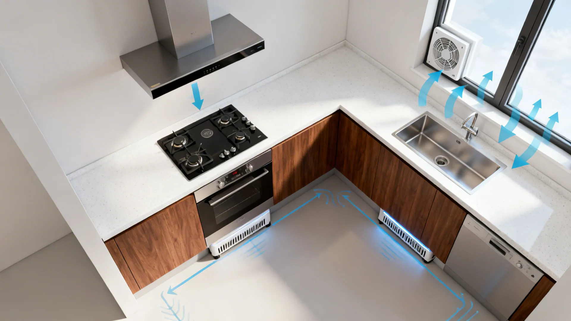 Top-down layout showing hood over cooktop, window vent, and toe-kick heater positions.