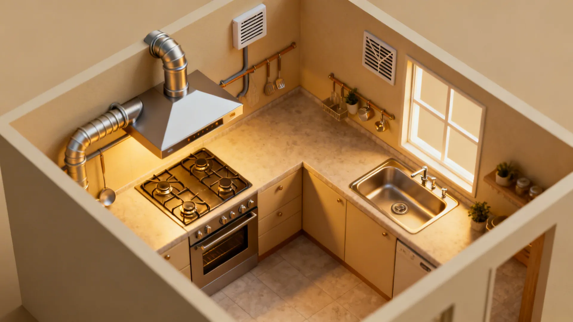 Top-down plan highlighting hood coverage, duct path, cross-vent window, and make-up air in a compact kitchen.