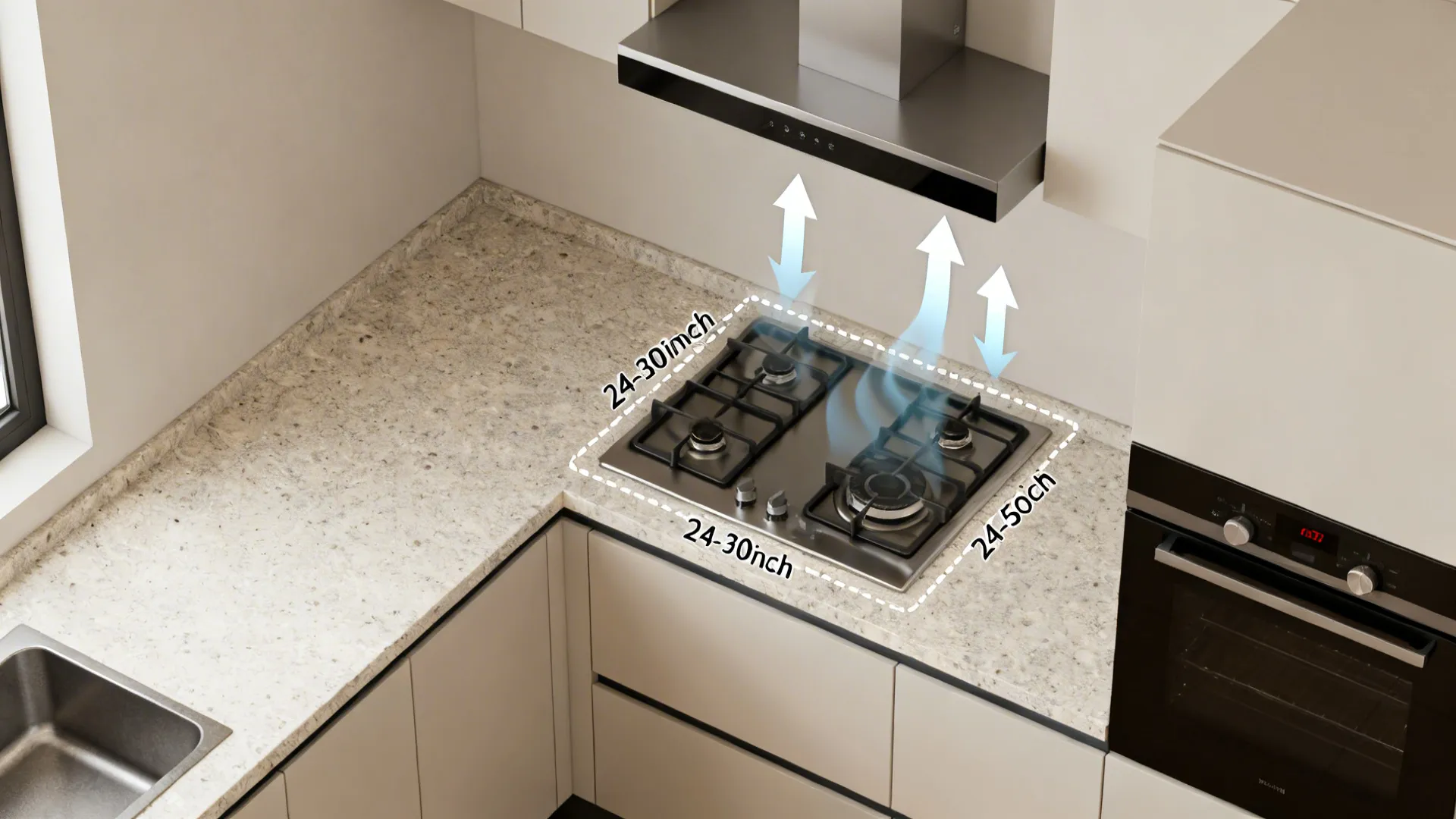 Top-down kitchen plan showing cooktop, hood alignment, clearance, and airflow path to exterior duct.