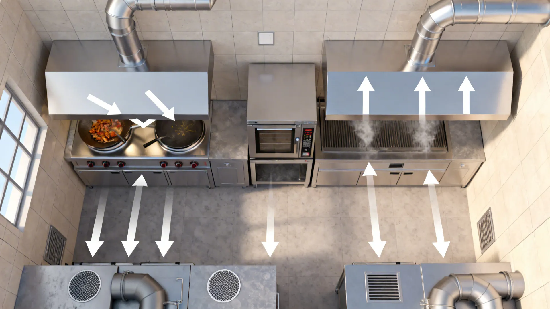 Top-down view showing capture hoods, make-up air placement, and short duct runs in a compact kitchen.