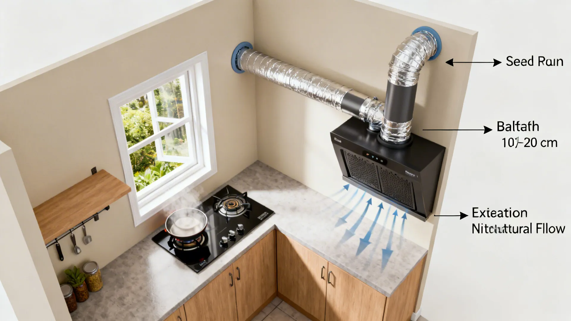 Top-down visualization of kitchen ventilation with baffle filter chimney and sealed round duct.