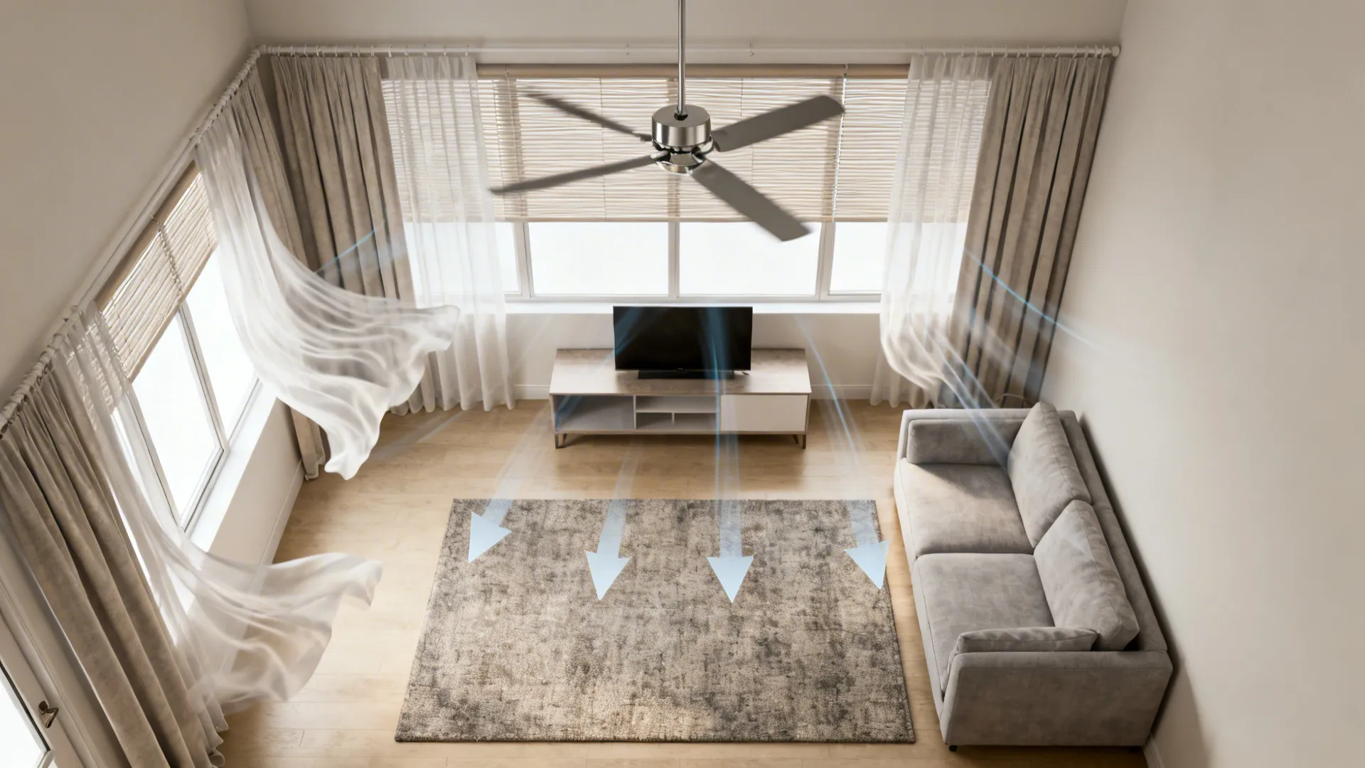Top-down living room layout showing window sheers, ceiling fan placement, and airflow paths.