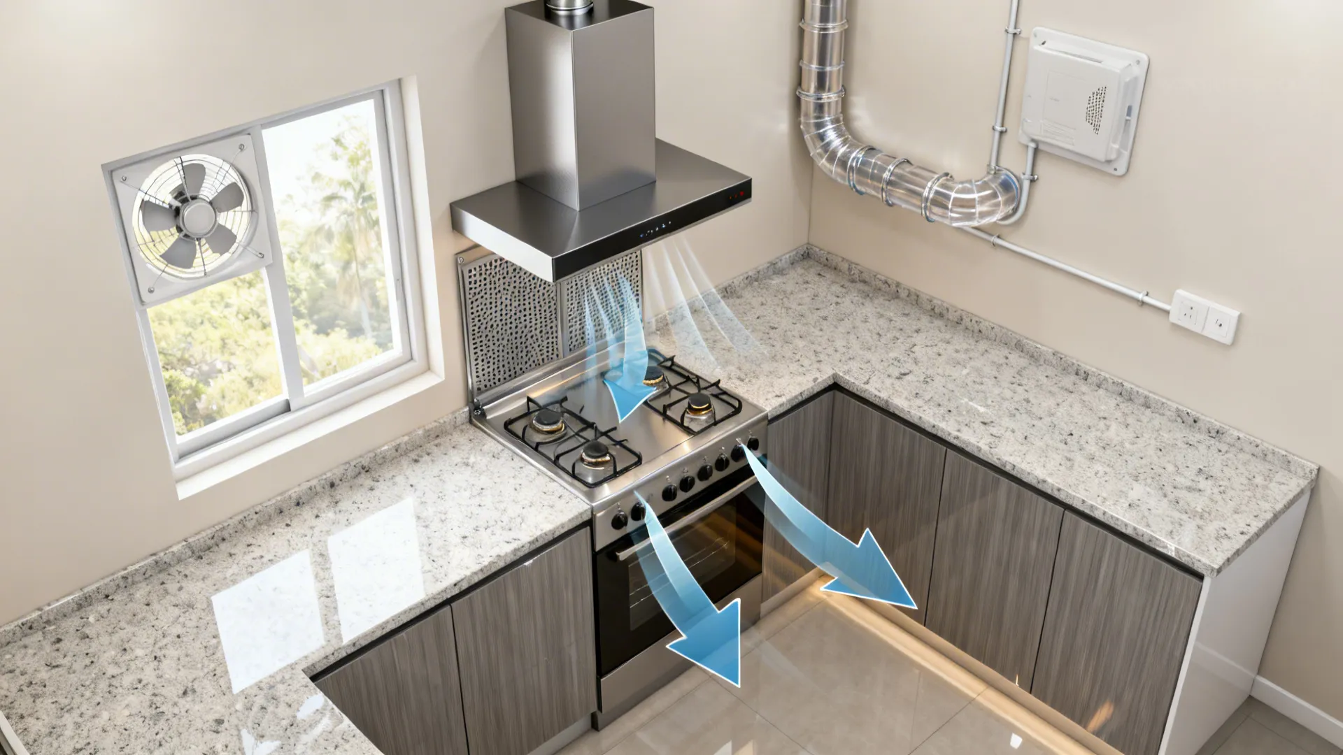 Top-down view of a small kitchen showing chimney with ducting and a window exhaust fan over an L-shaped layout.