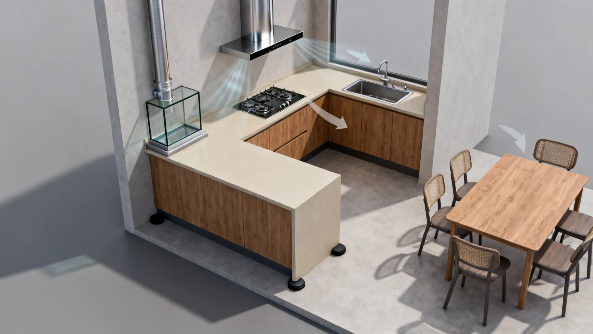 Top-down view showing hob on an external wall with a short duct and a glass baffle near the cooktop.