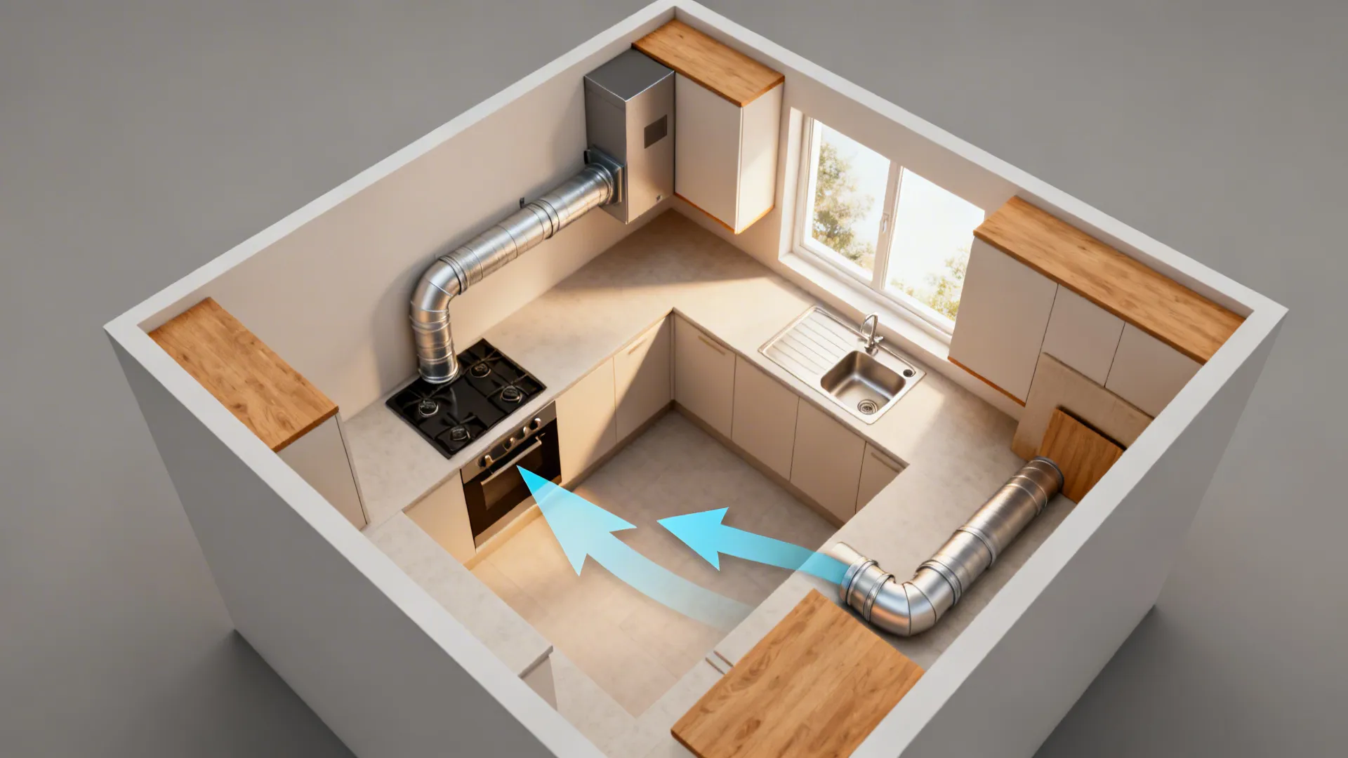 Top-down view showing hob on external wall, short duct route, and opposite window for cross-ventilation.