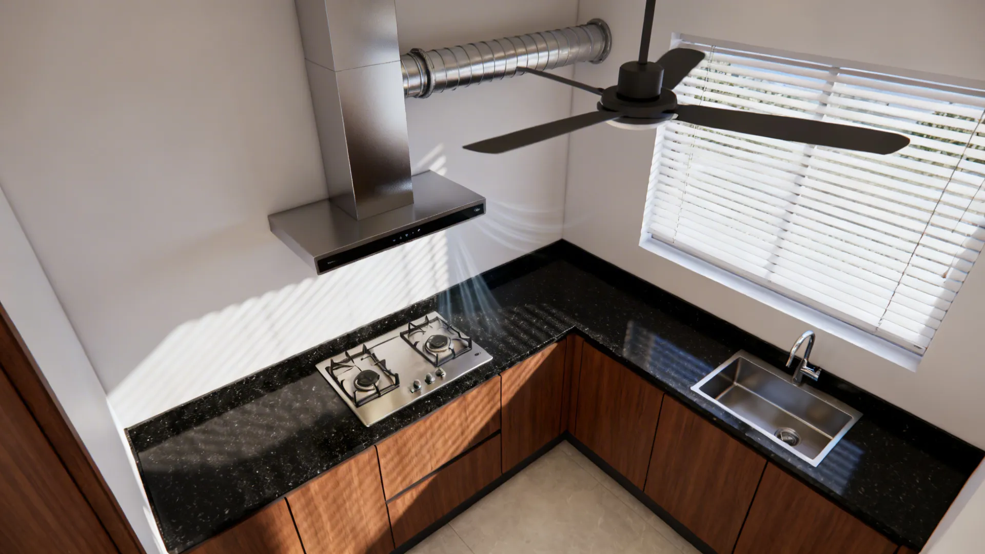 Top-down view showing hob, ducted chimney, and cross-ventilation via a louvered window.