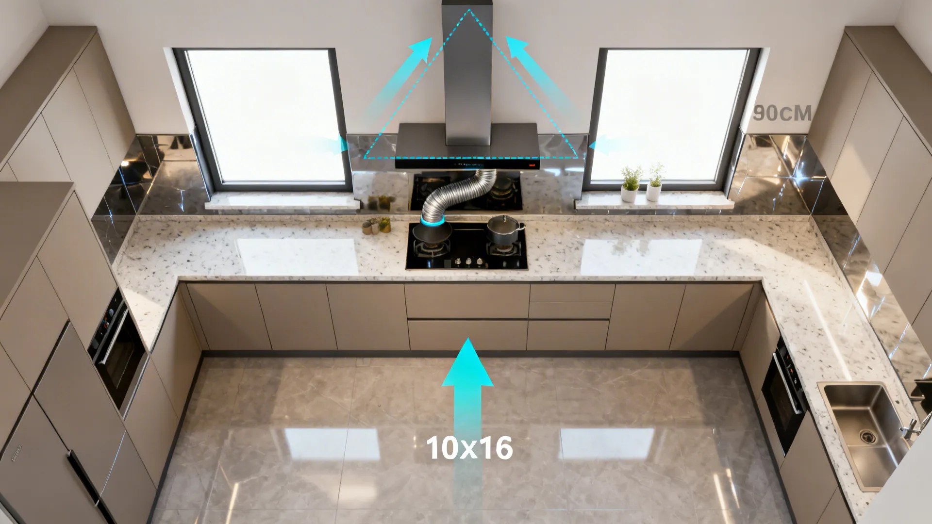 Top-down view showing opposite windows, a 90 cm chimney over the hob, and clear airflow paths.