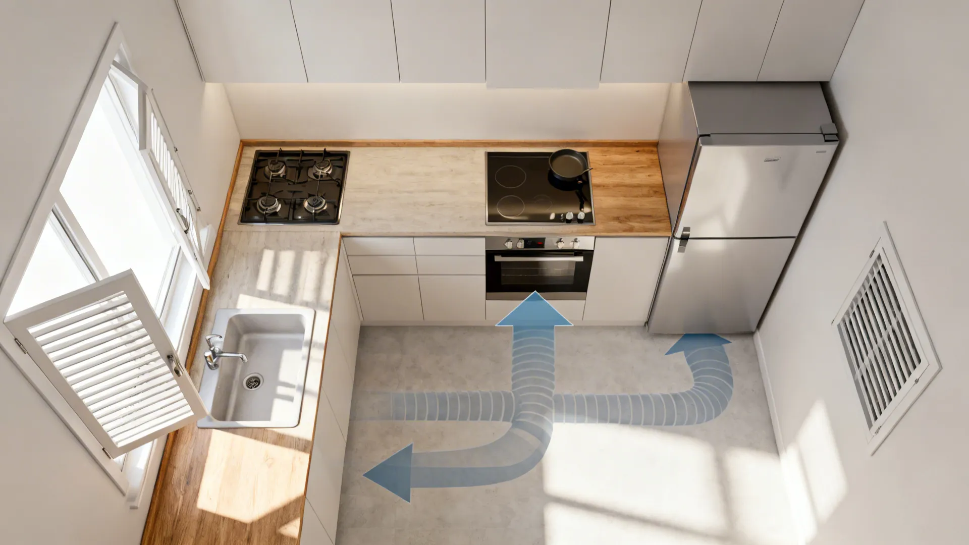 Top down view of a white kitchen layout showing blue arrows for airflow and ventilation