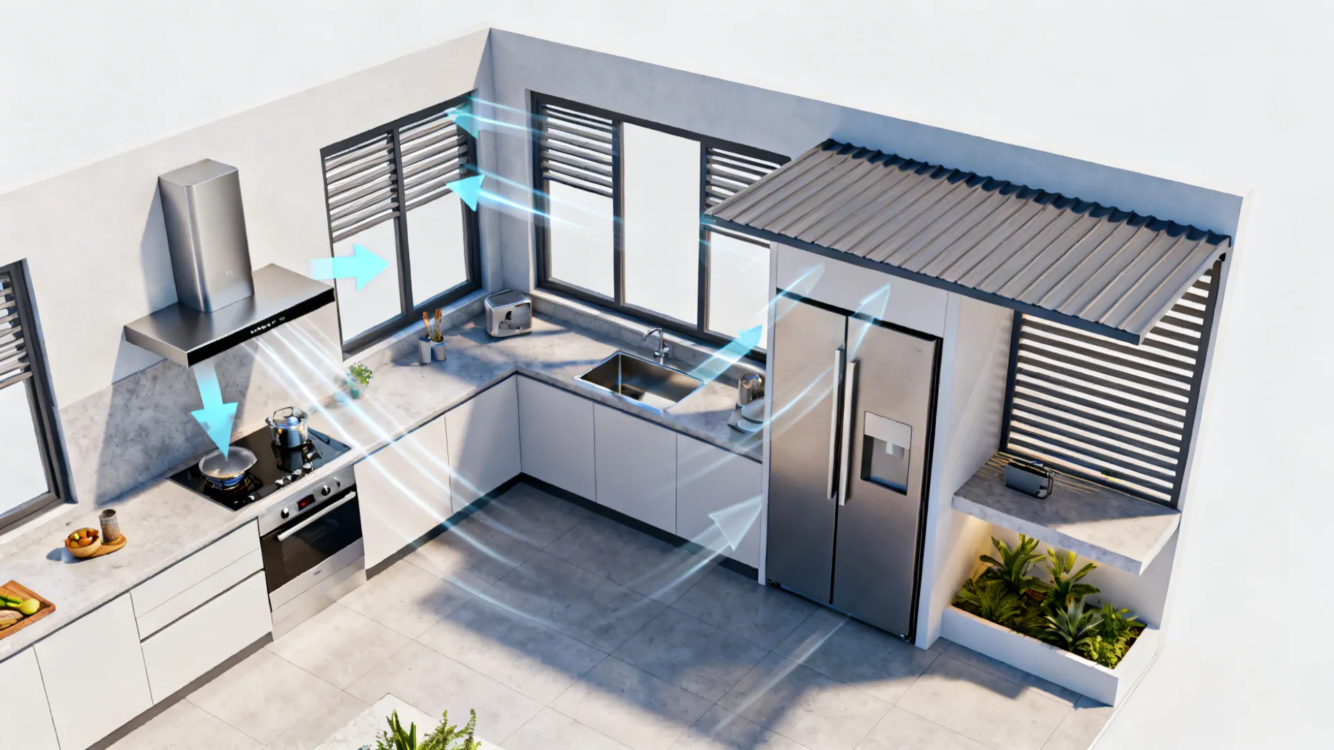 Top-down airflow concept linking a kitchen hood, windows, and a shaded outdoor fridge niche.
