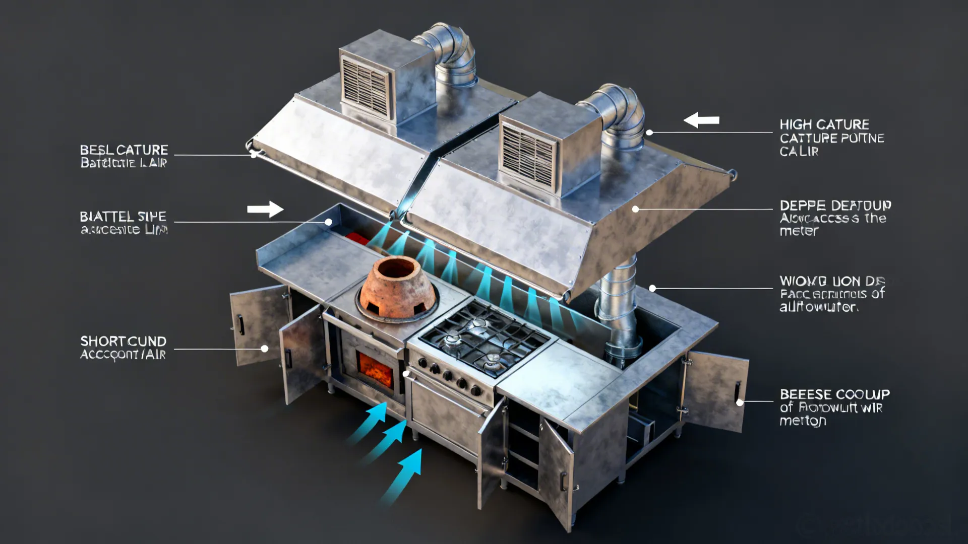 Top-down view of high-capture hoods, ducts, and make-up air over a tandoor and range line.