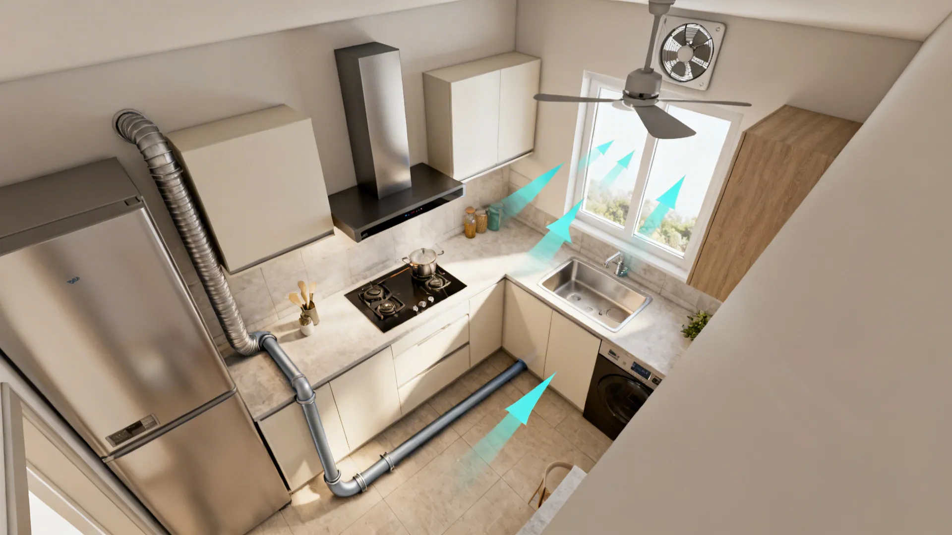 Top-down visualization of chimney ducting with minimal bends and a ceiling exhaust fan.