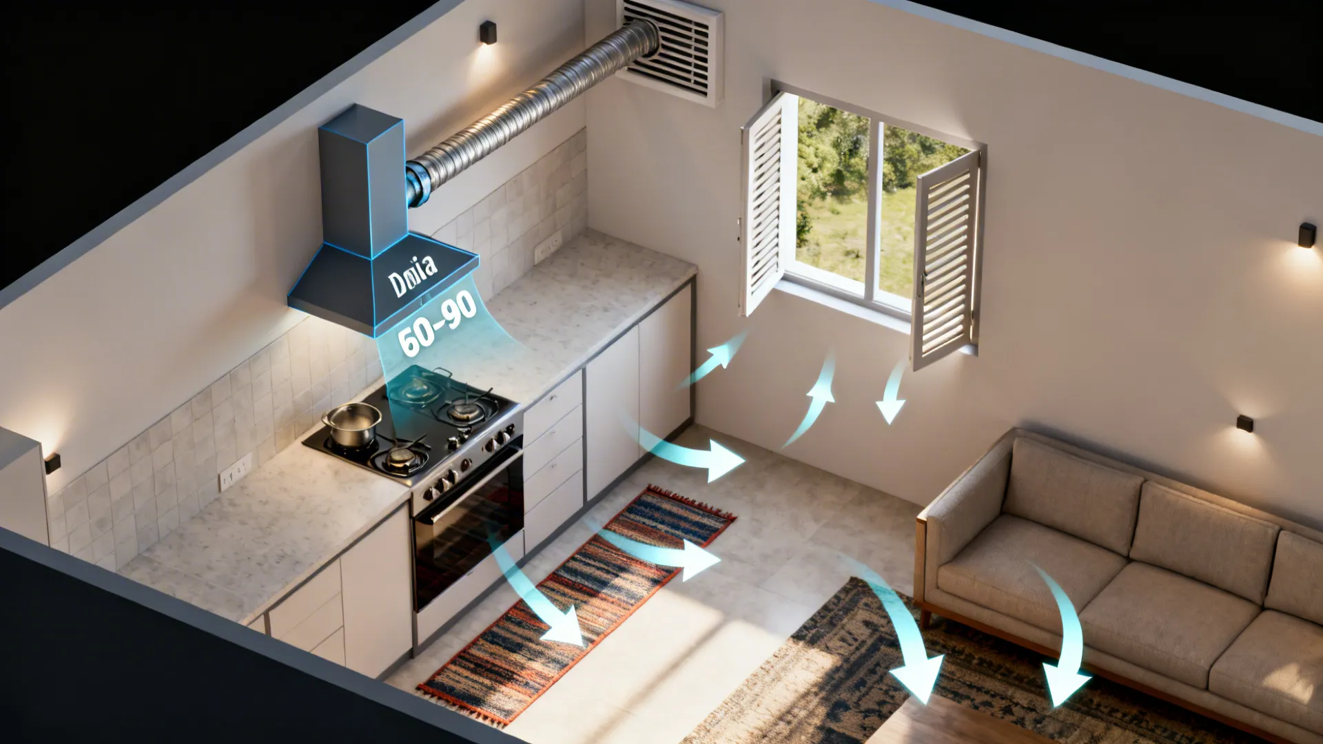 Top-down view of open kitchen-living layout showing hood, ducting, window, and louver vent for cross-ventilation.