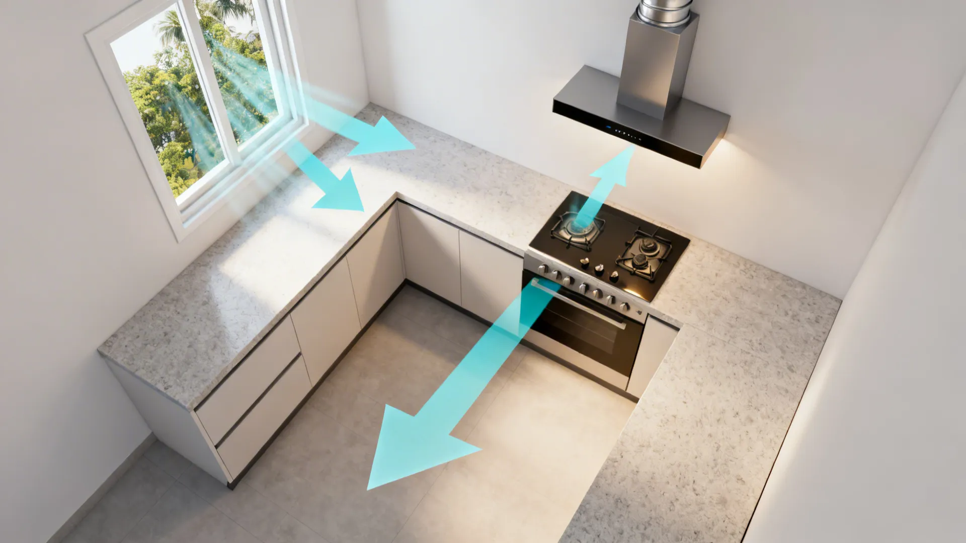 Hybrid ventilation: powerful hood + cross‑breeze strategy