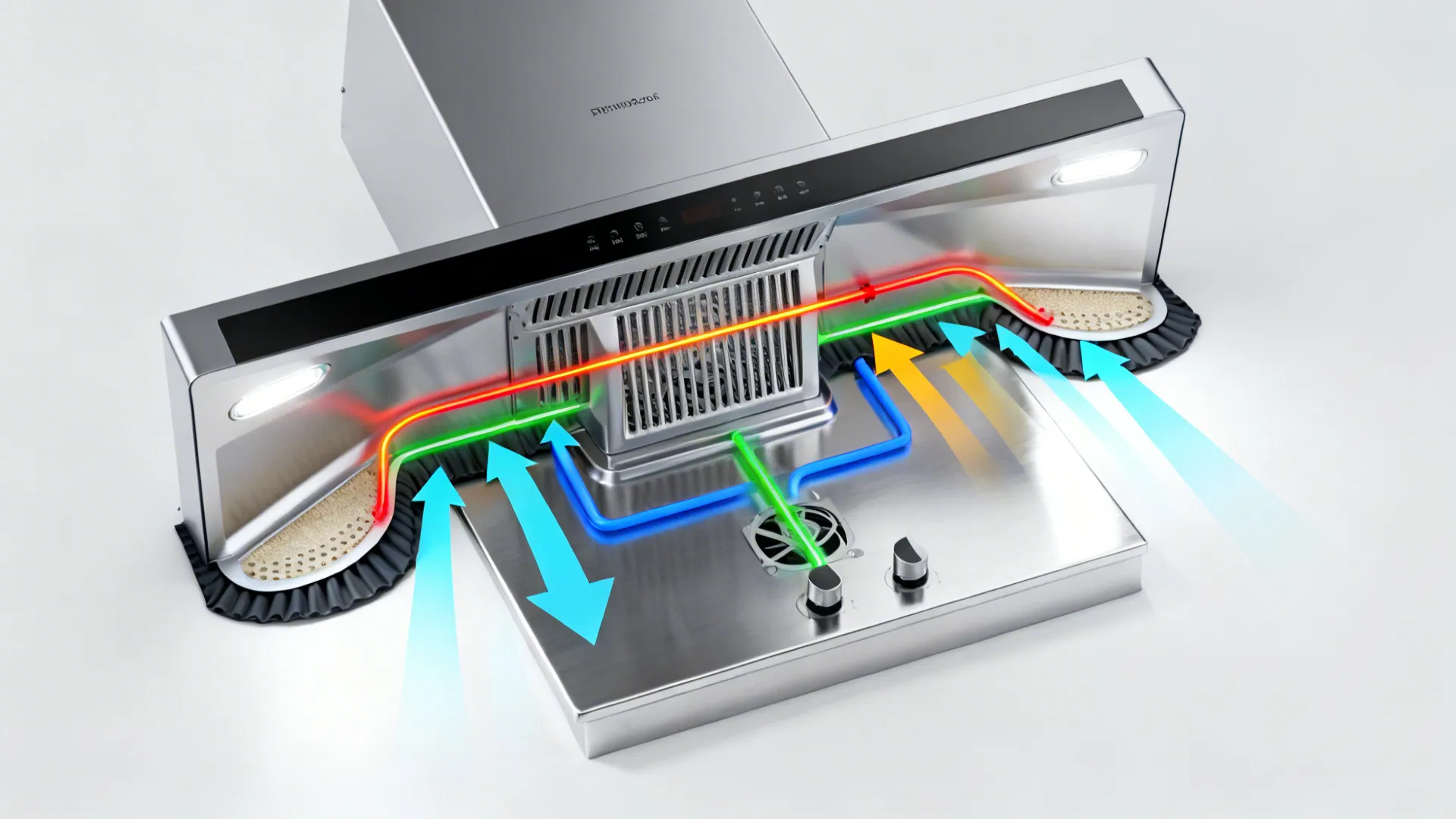 Top-down airflow diagram of a compact kitchen showing hood with skirts and make-up air paths.