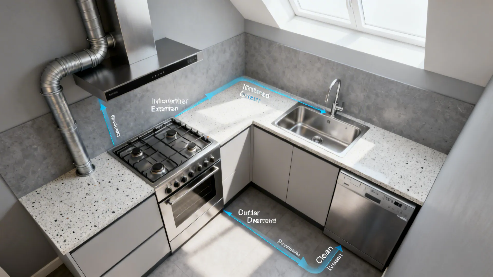Top-down kitchen plan view showing vent hood placement and durable surface zones.