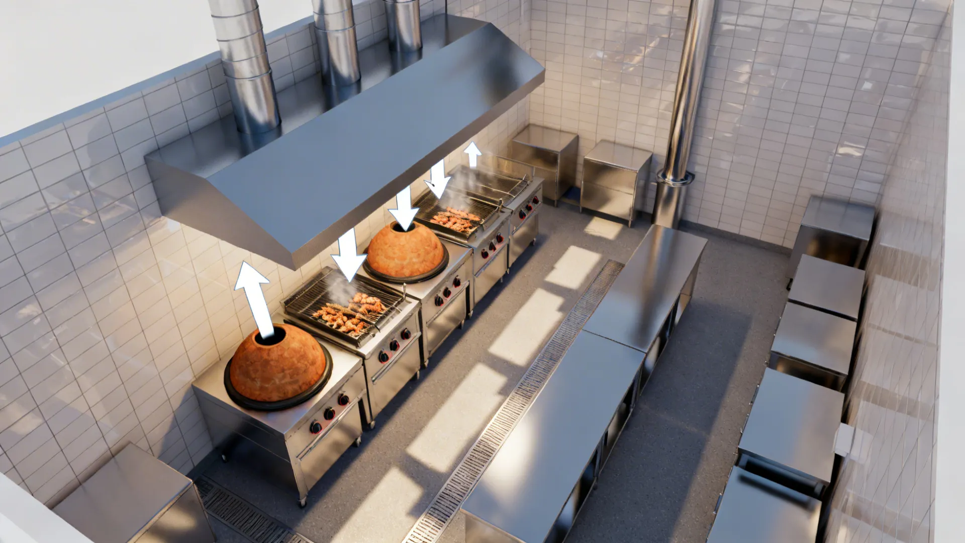 Top-down view of hot line ventilation with canopy, make-up air, and straight ducts.
