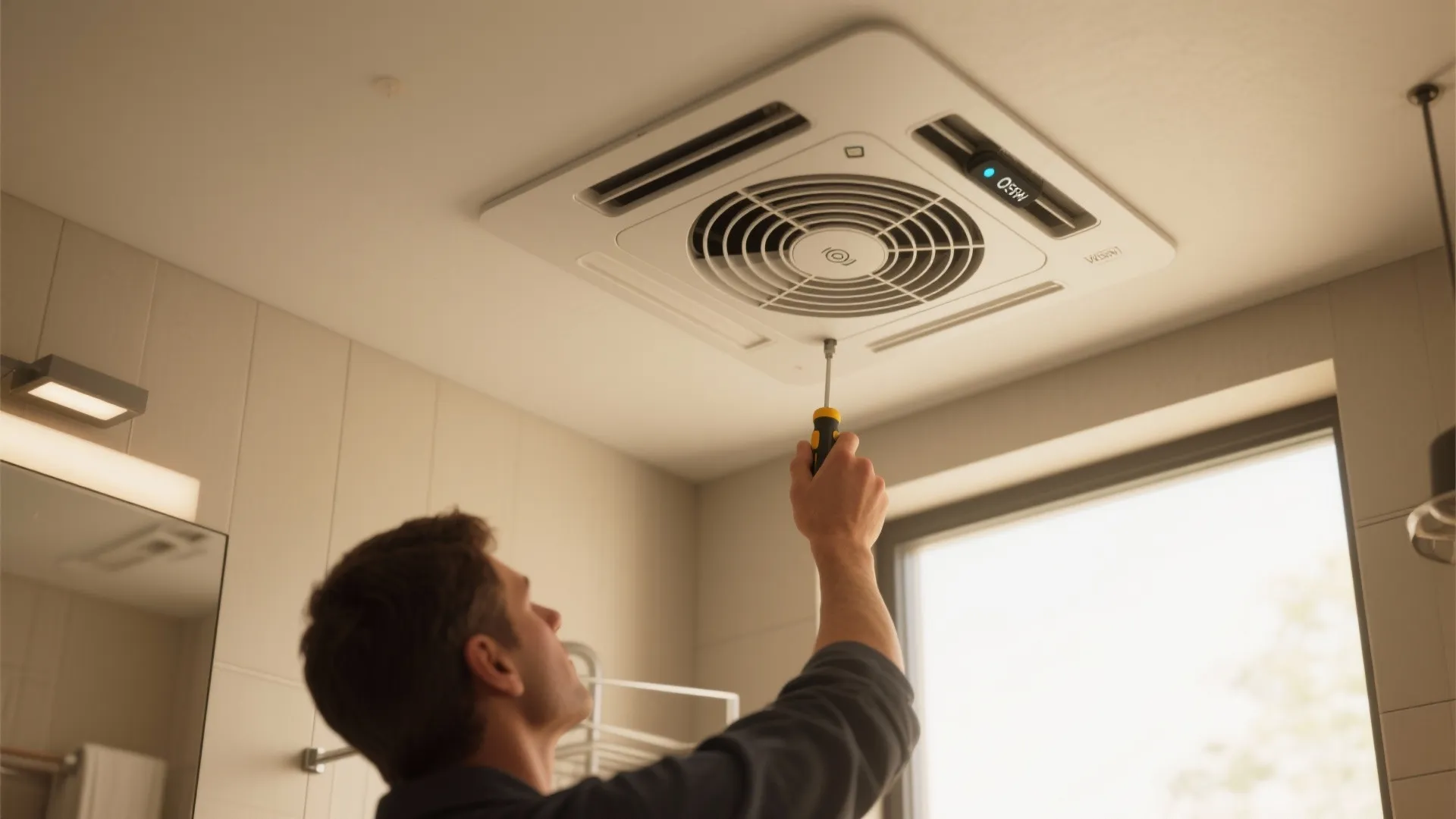 Man using a yellow screwdriver to fix a white square bathroom ceiling fan in room