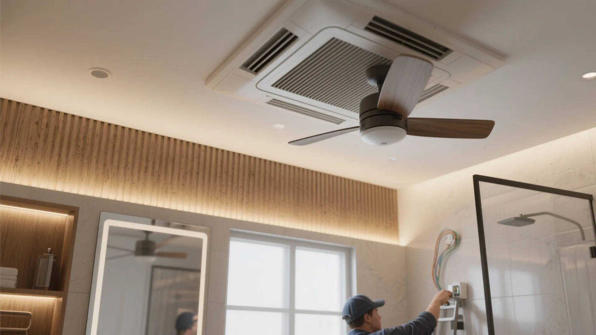 Bathroom ceiling with large white vent wooden fan and worker fixing electrical wires on wall
