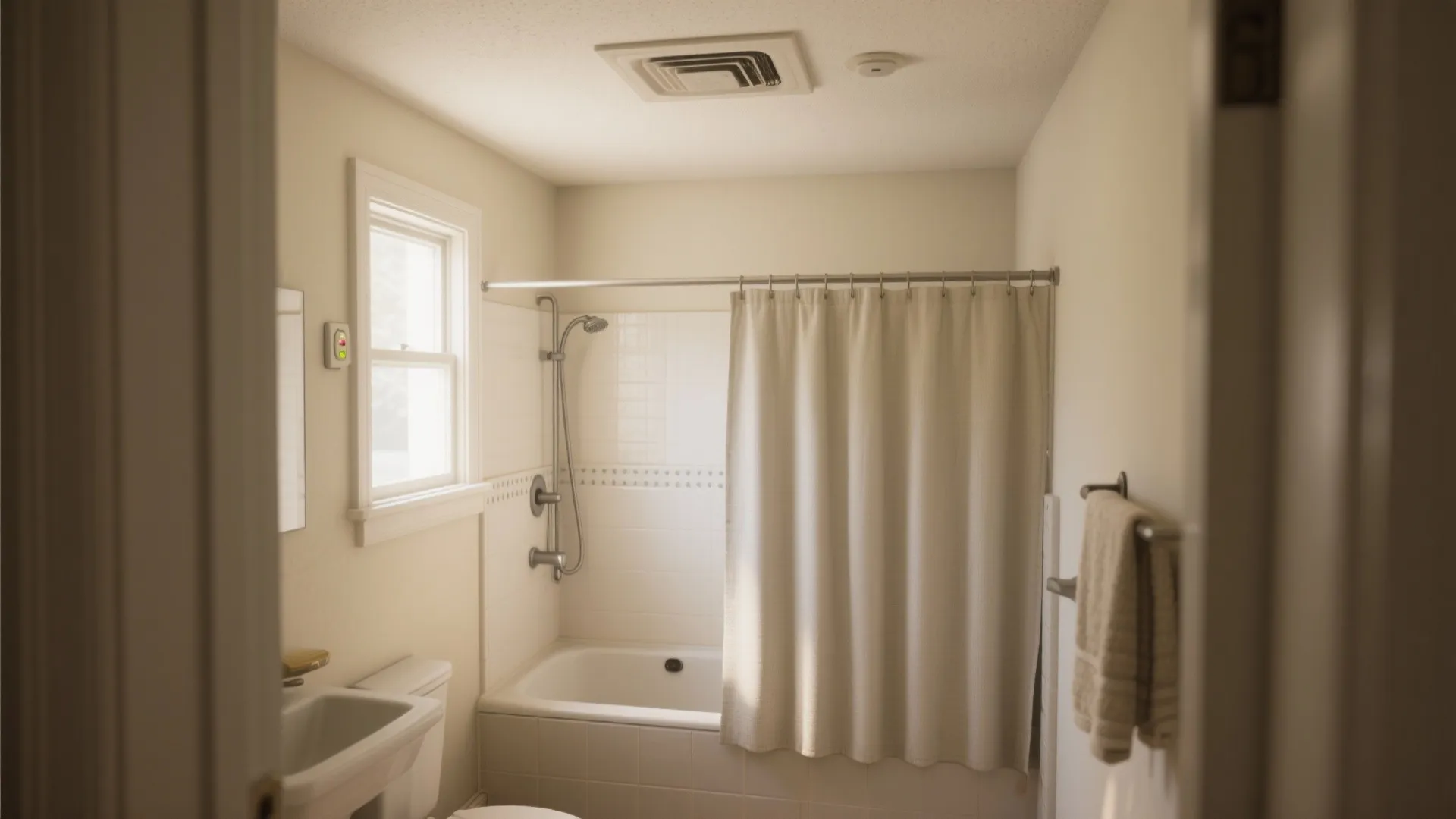 Small bathroom interior featuring a white bathtub beige curtain sink and a ceiling ventilation fan unit