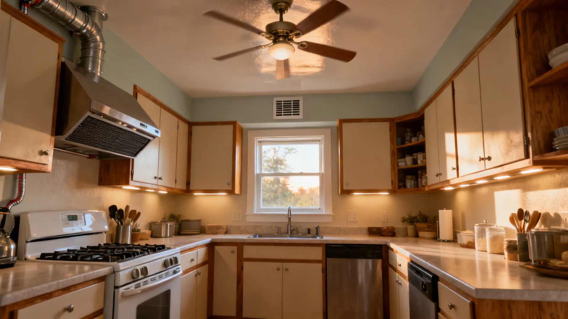 Compact kitchen with a variable-speed hood, baffle filters, vent window, and pale ceiling for cooler afternoon cooking.