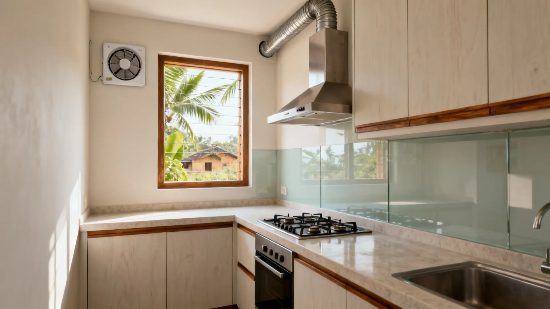 Small kitchen showing a chimney over the hob, a high exhaust fan opposite a window, and short, straight ducting.