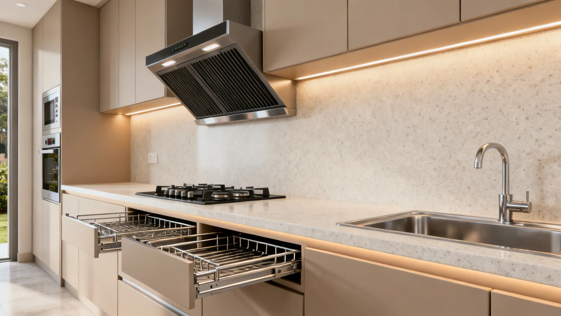 Indian-cooking-ready kitchen with baffle-filter chimney, quartz surfaces, and clear hob-to-sink path.