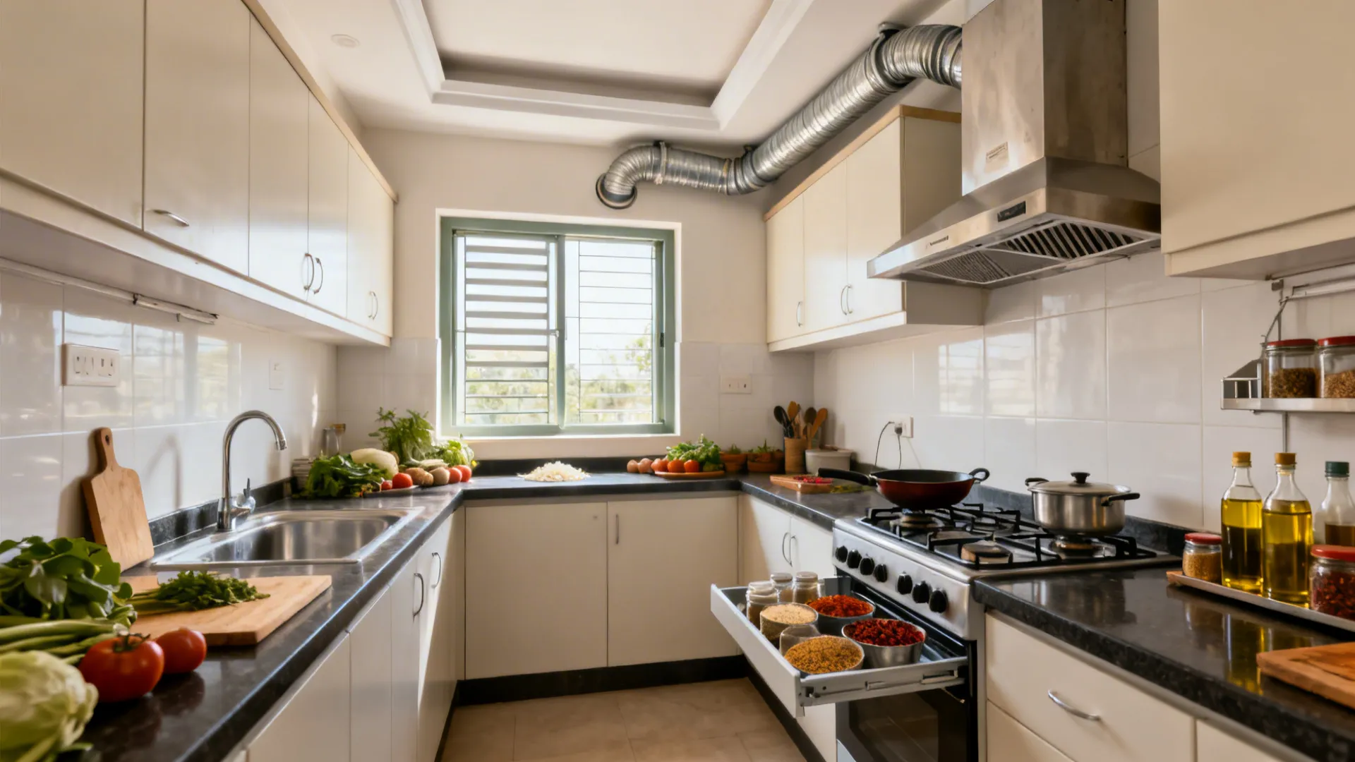 Small kitchen with white cabinets, black countertop, fresh vegetables, open spice drawer, and ventilation pipe