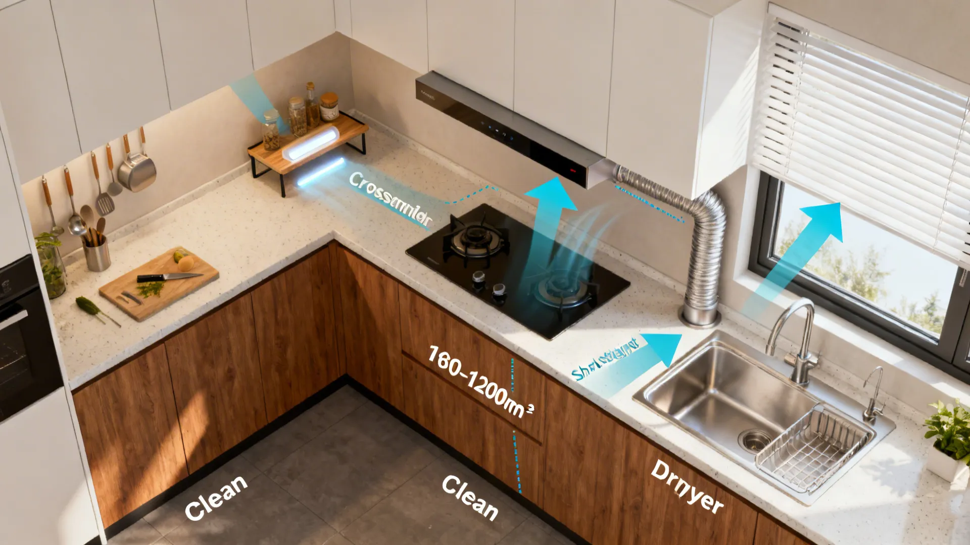 Top-down view mapping prep, cook, and clean zones with chimney and cross-ventilation.