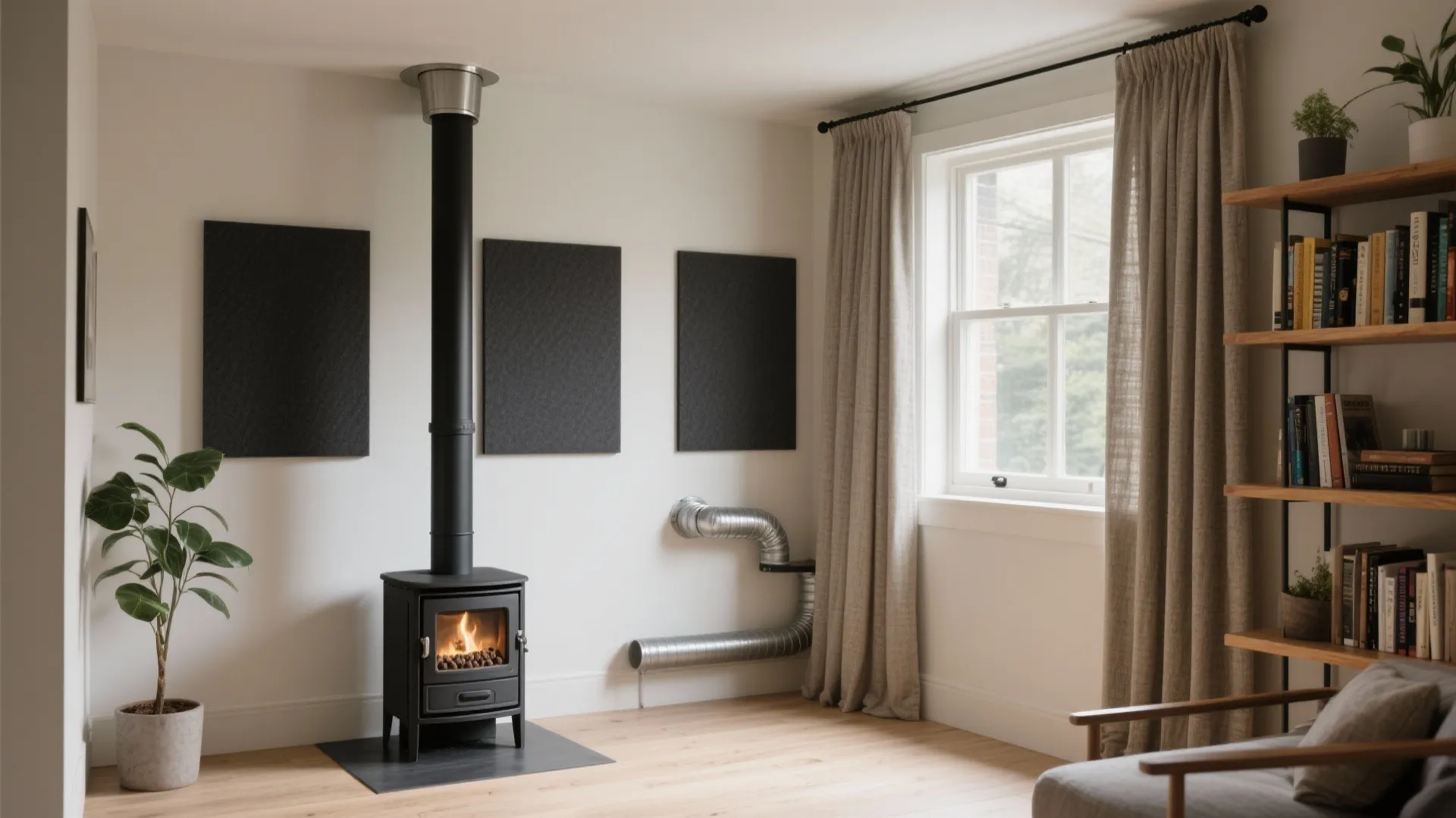 Compact studio with a pellet stove, horizontal direct vent, outside air kit, and discreet acoustic panels.