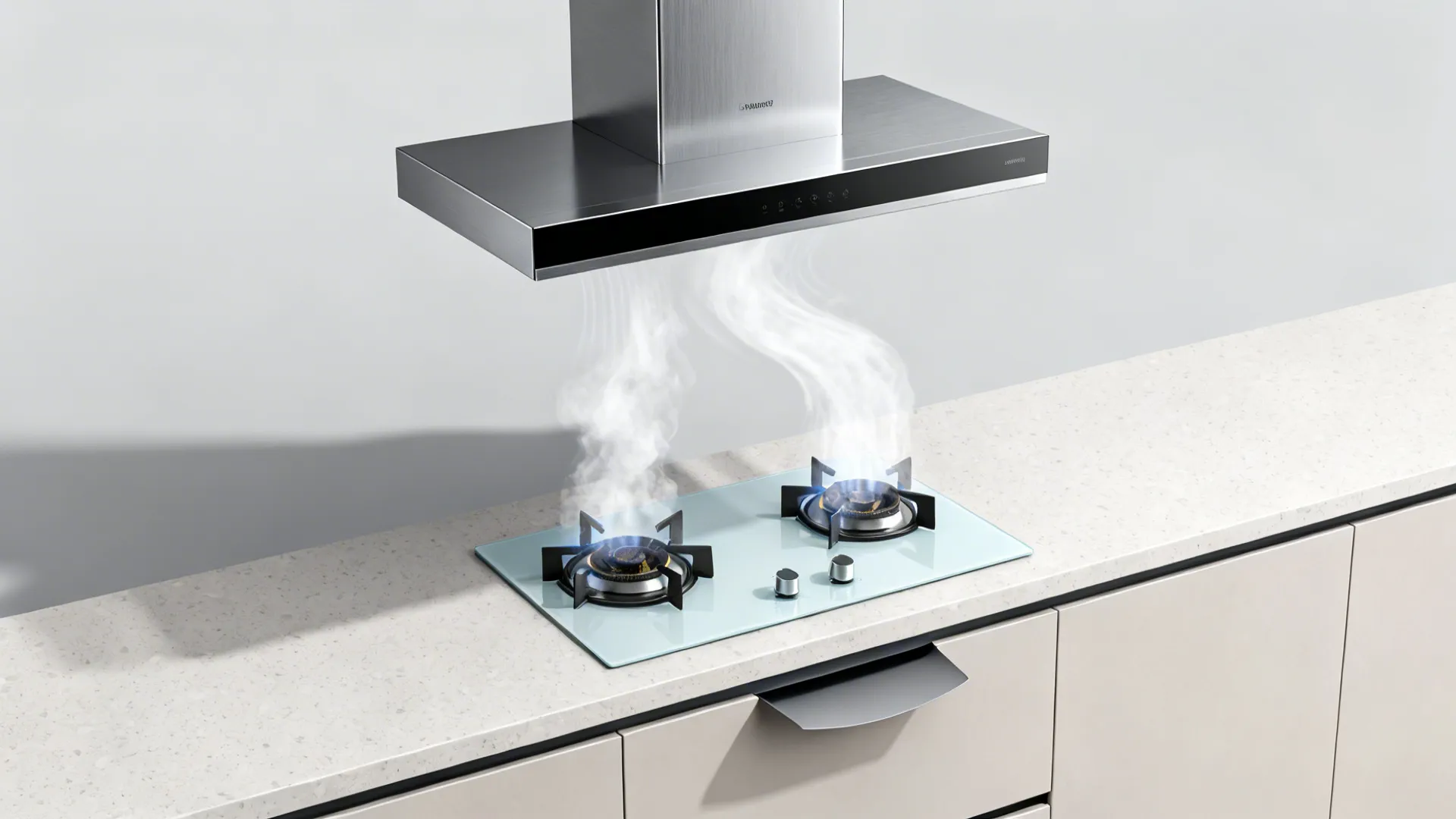 Kitchen stove with two burners lit and steam rising toward a silver metal range hood