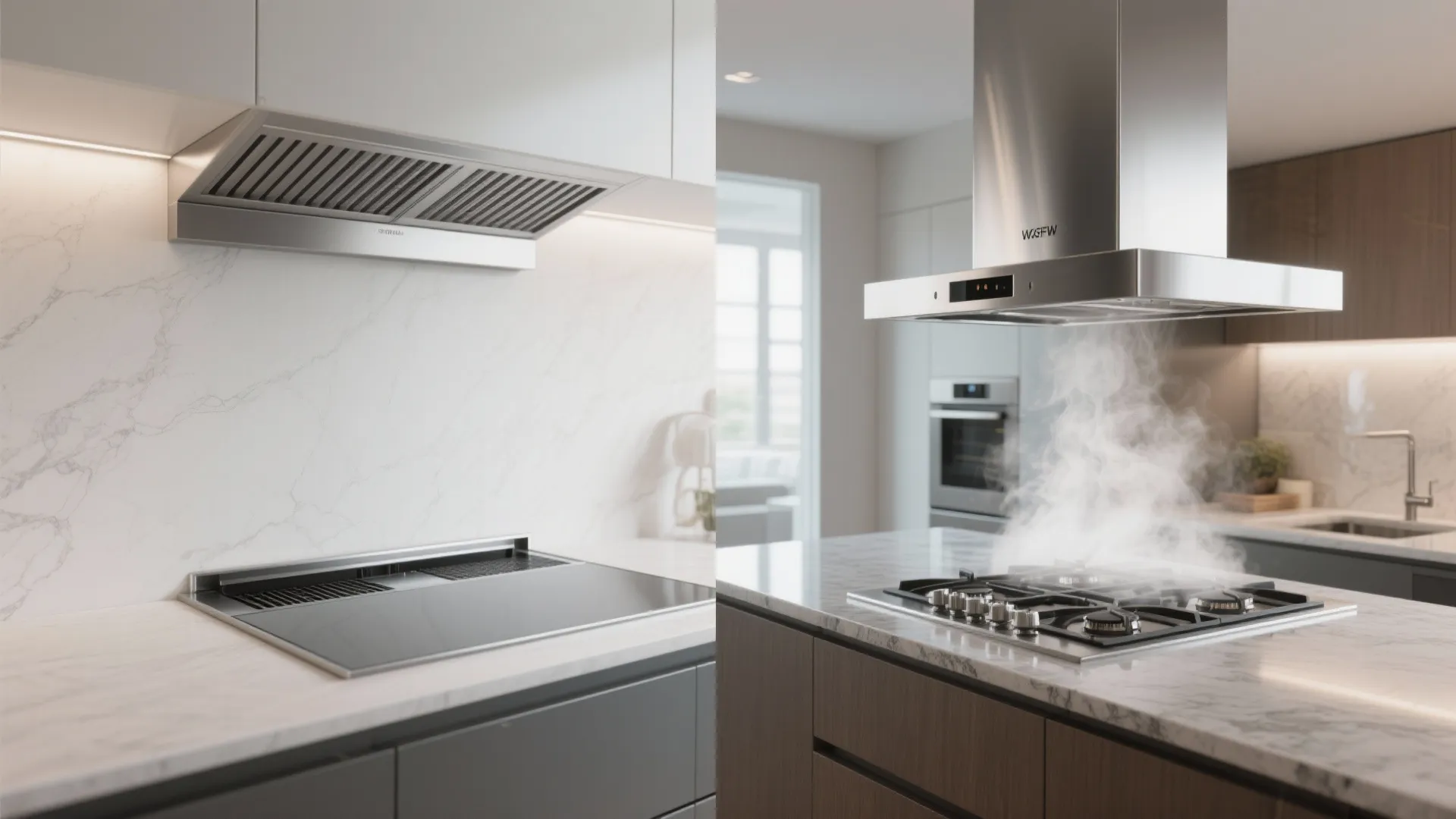 Side-by-side comparison of a downdraft vent and an overhead island hood above a cooktop.