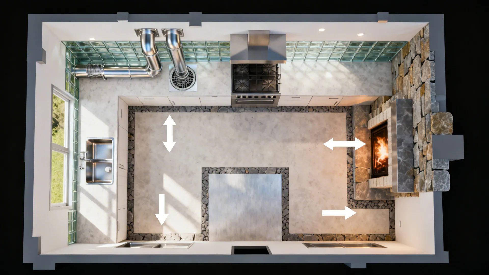 Top-down kitchen diagram showing vent path, make-up air, noncombustible zones, and landing space near a hearth.