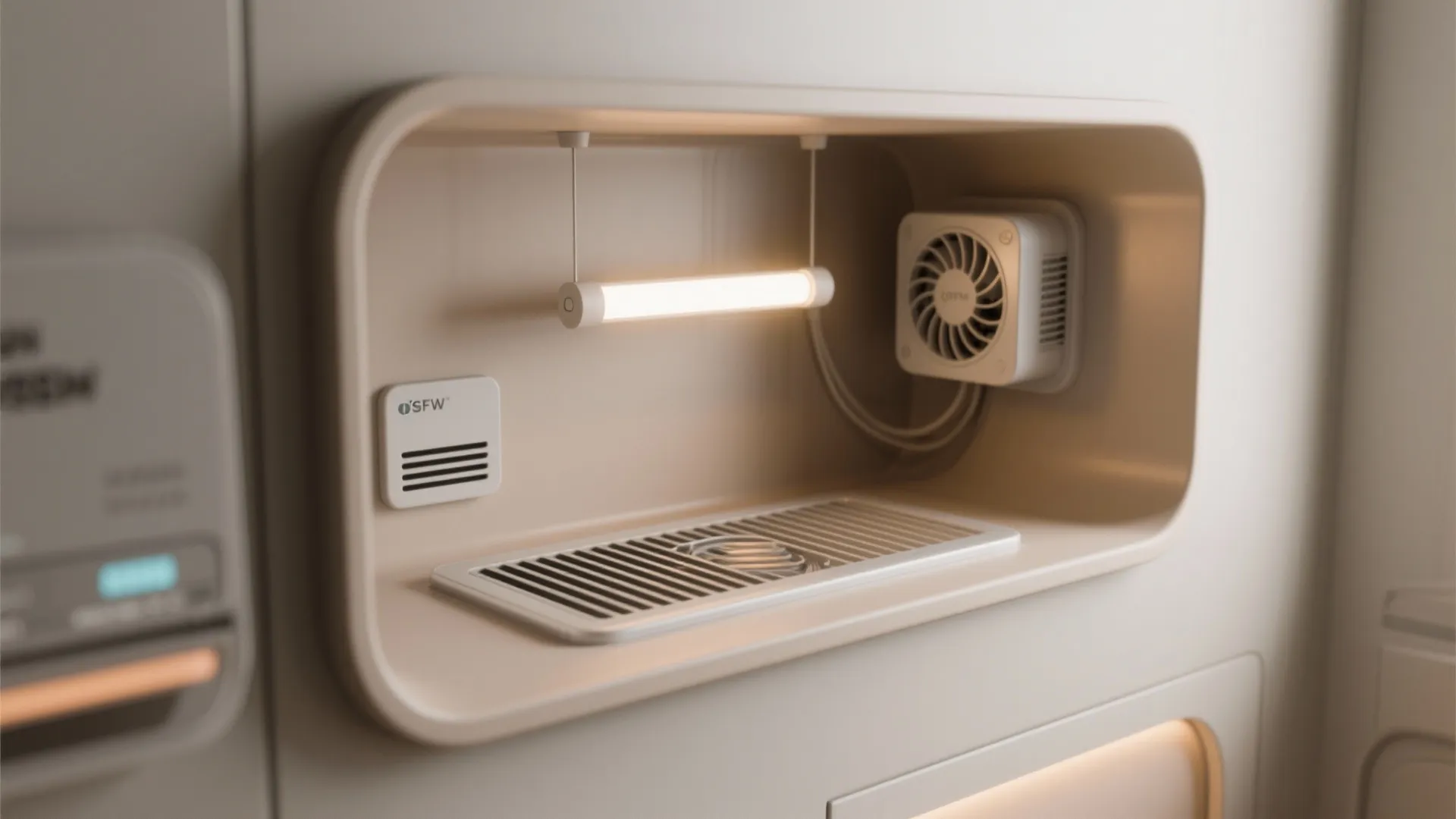 Small built-in wall nook with a white light fixture, small fan, and metal ventilation grate