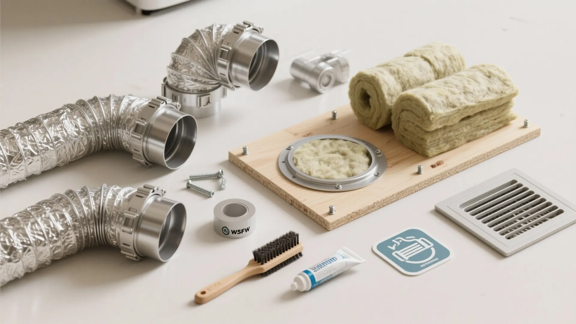 Dryer venting installation kit including flexible metal pipes insulation tape brush and white floor vent