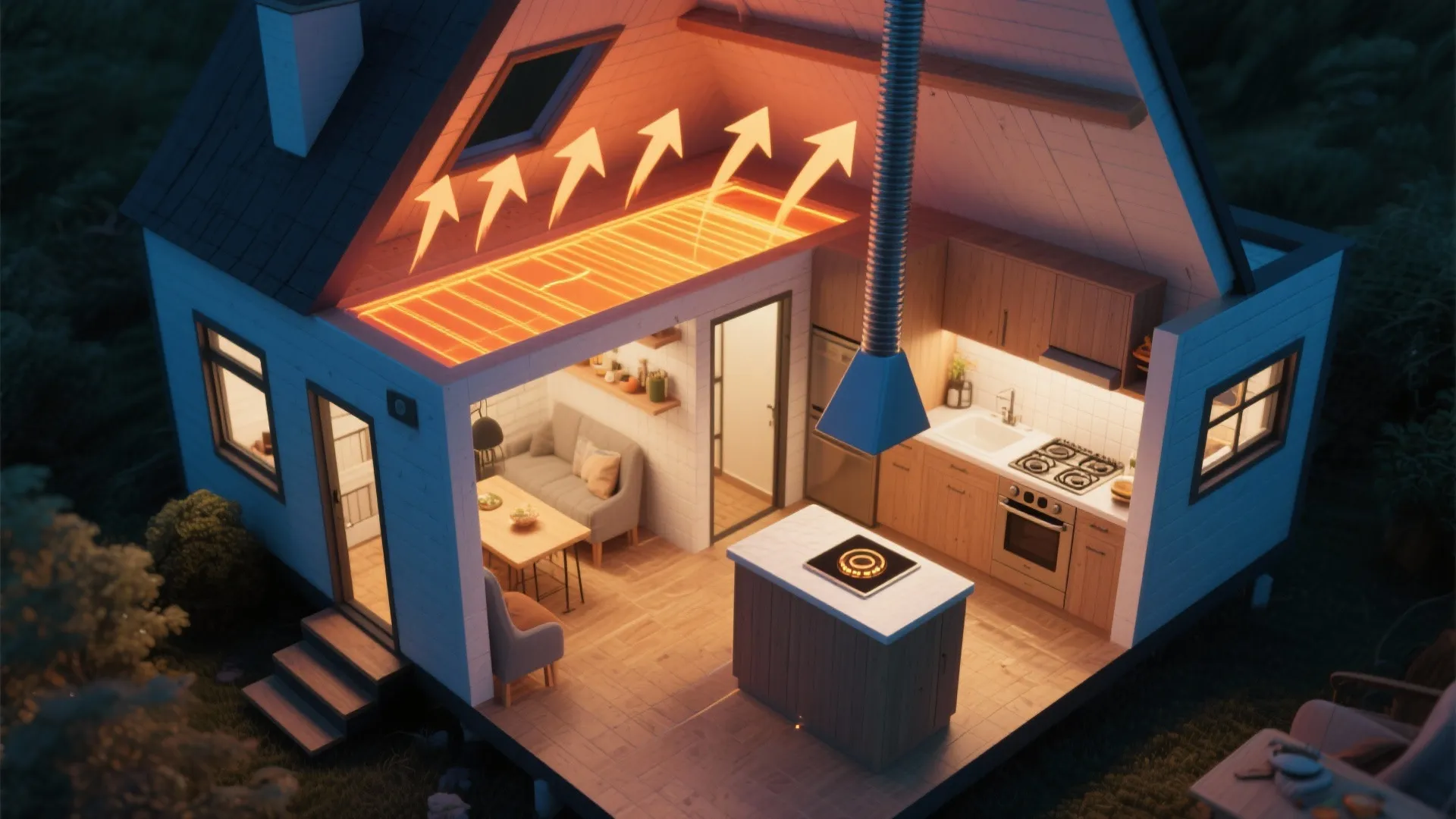 3D interior design drawing showing orange arrows representing heat rising from floor to roof window
