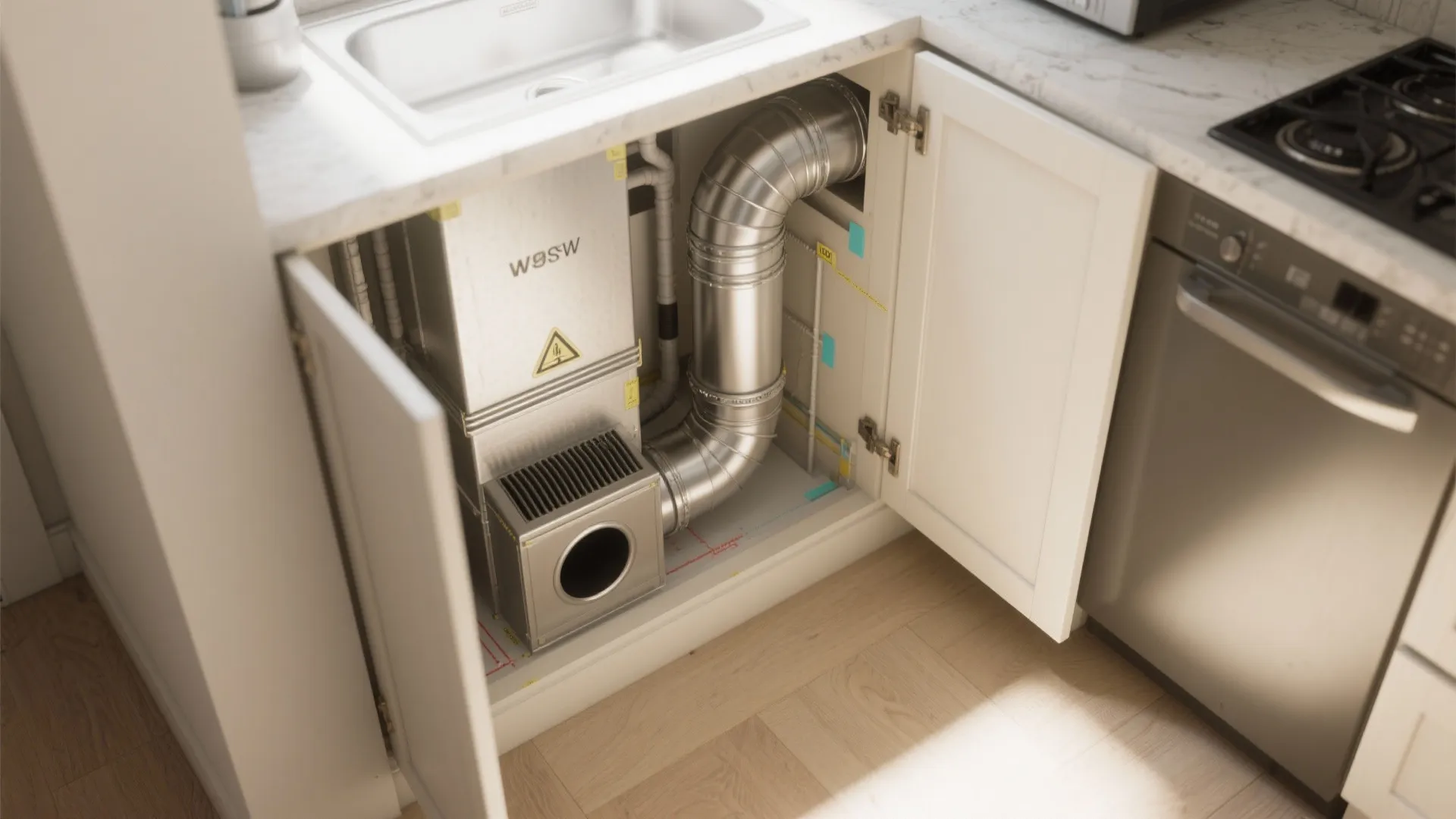 Kitchen cabinet interior showing metal air vent pipe system installed under a white marble sink