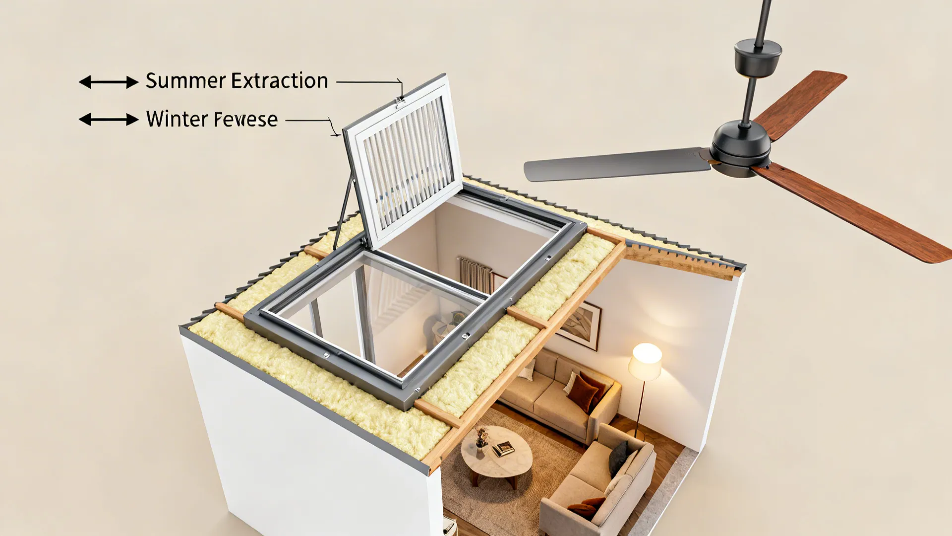 Top-down view of a ceiling with a venting skylight and reversible fan showing airflow directions for summer and winter.